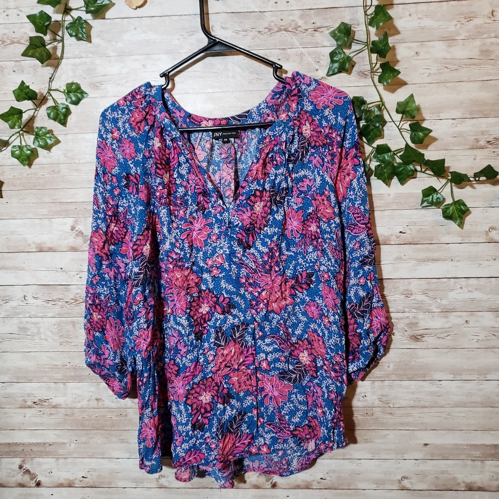 Jones New York Floral Multi Color Blouse Shirt Top Womens JNY Blue Purple Pink